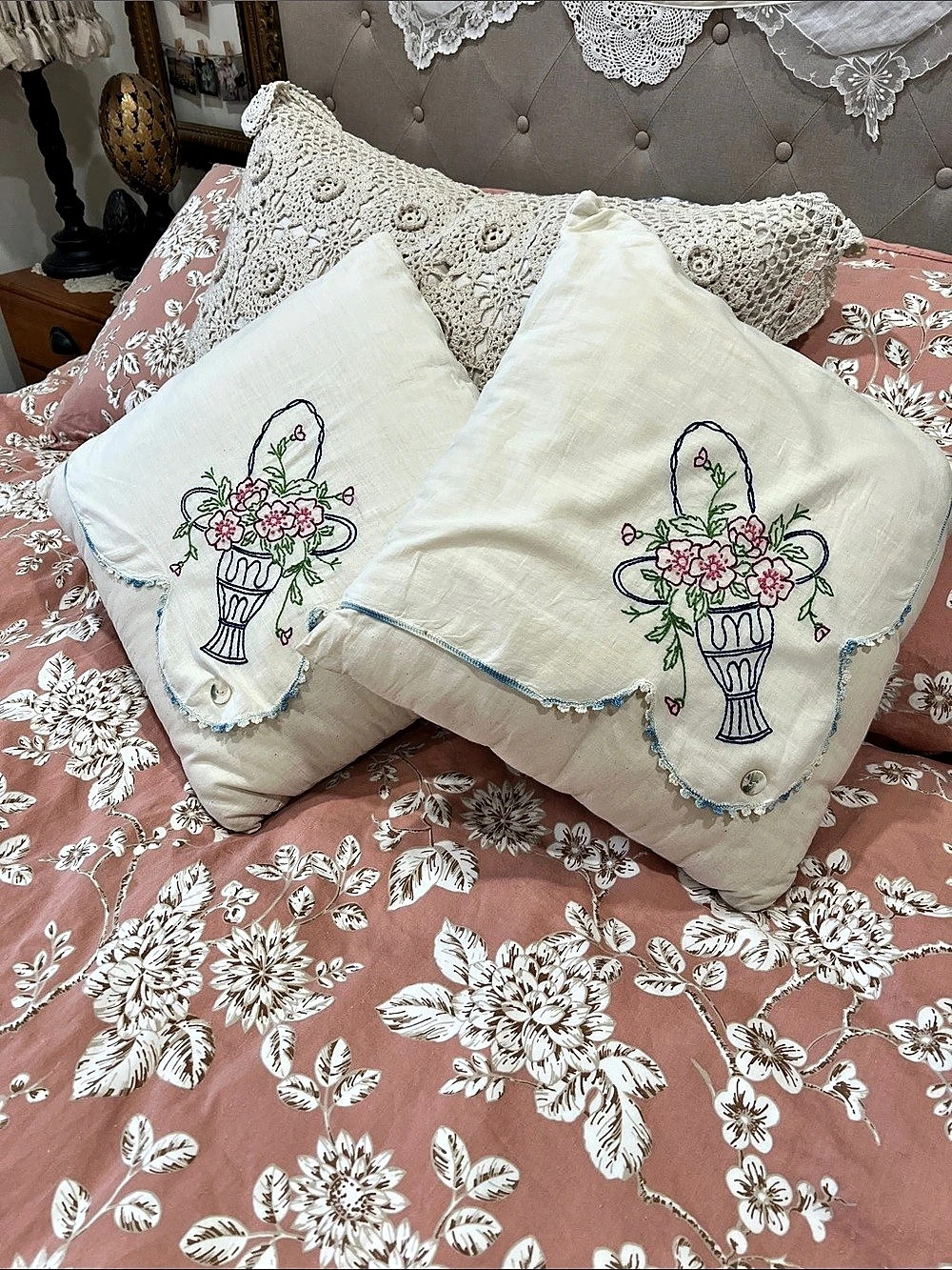 2 in 1 Embroidered Cream & Blue Reversible Accent Pillows Set w/ Crocheted Trim